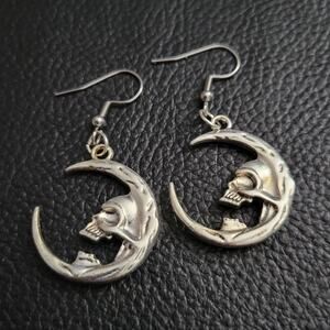 Gothic skull face crescent moon earrings